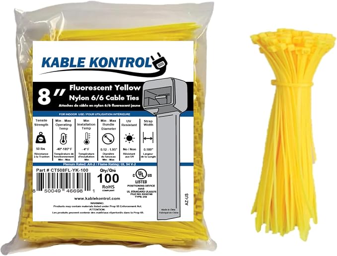 Kable Kontrol Fluorescent Yellow Zip Ties 8 Inch 100 Pcs, 50 Lbs Tensile Strength, Self-locking Nylon Colored Cable Ties Wire Wraps for Indoor or Outdoor Use…