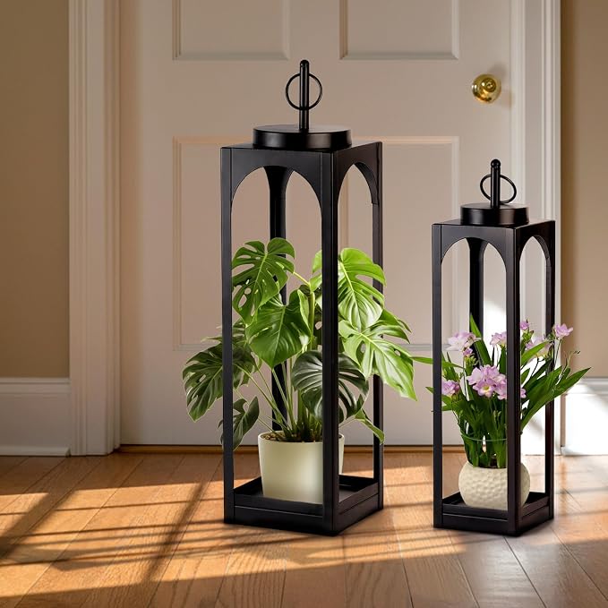 MATAHUM 24" 19" Large Lanterns Decorative Outdoor Indoor, 2 Pcs Black Metal Floor Candle Lanterns with Candle, Farmhouse Lantern Decor Outdoor Lanterns for Front Porch, Fireplace Mantel, Patio, Garden