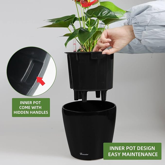 Dexceder 9x8 Self Watering Planter (Black High Gloss) | Inner Pot Design, Thickened Table Flower Plant Pot with Water Level Indicator Indoor Outdoor