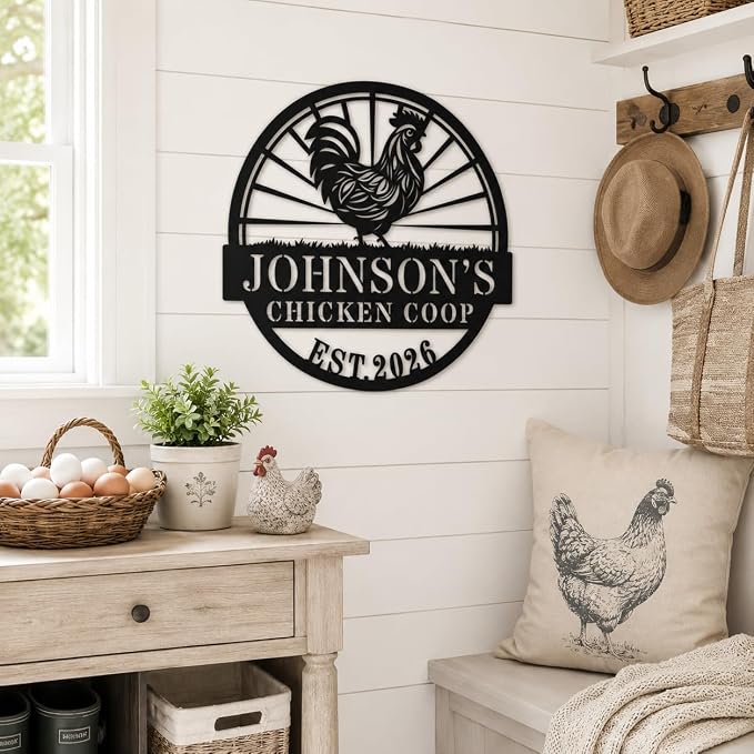 Personalized Chicken Coop Metal Sign Custom Farmhouse Name Plaque with Rooster Sunburst, Outdoor Hen House Wall Decor for Backyard Farmers and Chicken Lovers