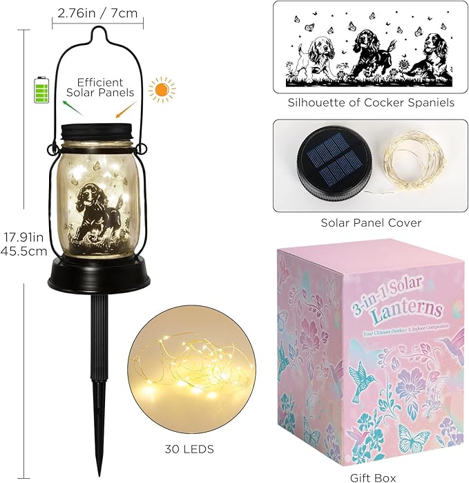 kyoryuger Cocker Spaniel Dog Gifts for Women/Men Cocker Spaniel Solar Lanterns Birthday Dog Lovers Lantern Pet Loss Dog Memorial Lights Solar Garden Decoration for Yard, Patio,Backyard,Porch Torches