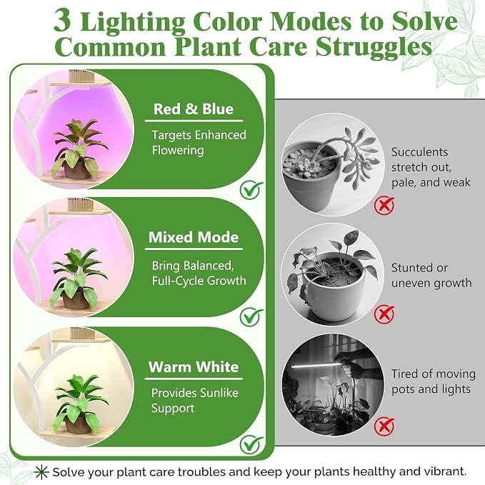 VINGLI Plant Stand Indoor with Grow Lights, 48" Small Space Plant Stand, 8-Tier Mobile Plant Shelf, Lighted Display Rack for Apartment, Living Room & Balcony, White and Oak