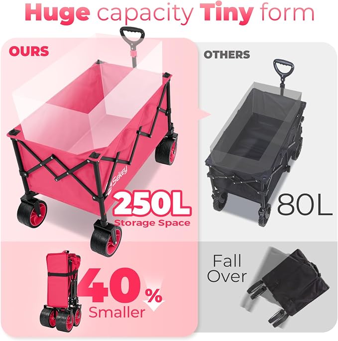Sekey 250L Wagons Carts Foldable with Big All-Terrian Beach Wheels, Collapsible Heavy Duty Wagon, Extra Large Folding Wagon,Foldable Wagon for Camping, Garden, Sports. Pink