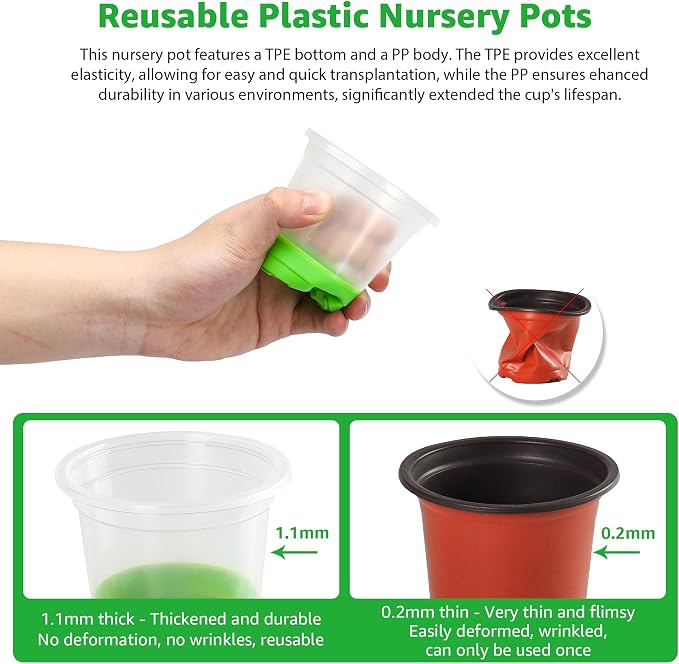 MIXC Thickened Clear Nursery Pots with Silicone Base for Easy Transplant 30 Packs 3.5 Inch, Transparent Plant Pot Reusable Seedling Pots for Vegetable Propagation, Root Cutting, Seed Starting, Green