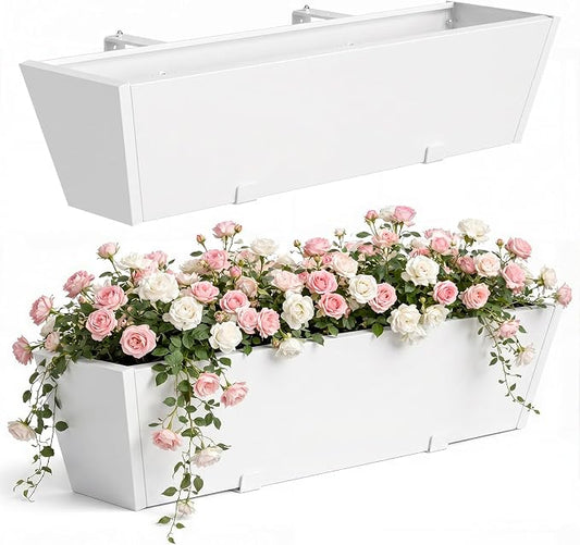 2PC White Railing Planter for Outdoor Plants 36 Inch Metal Hanging Planters Pots with Adjustable Brackets and Drainage Railing Planter Boxes Hanging Flower Pots for Balcony Deck Railings Patio Dec