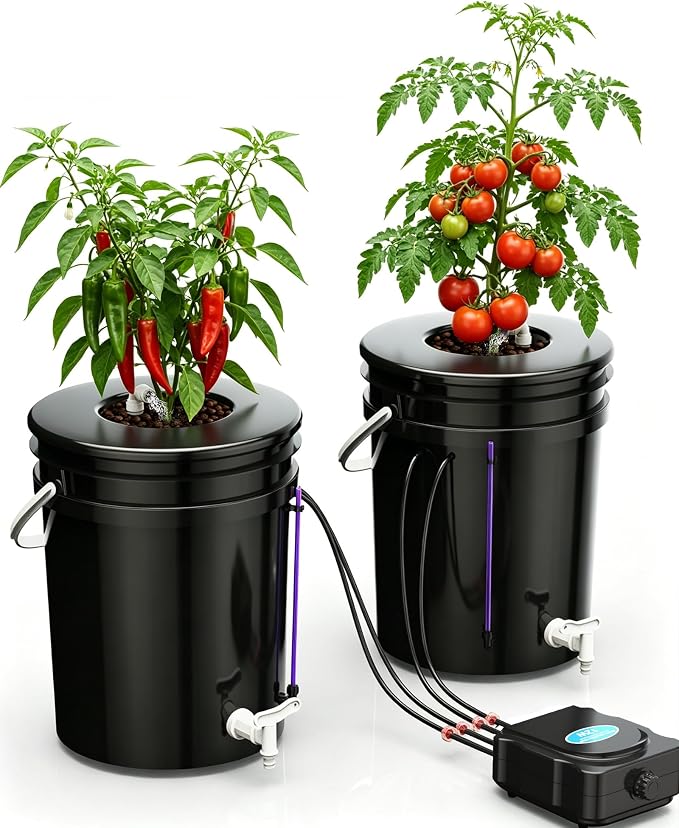 2 Buckets 5 Gallon DWC Hydroponic System, Built-in Drain Tap, Top Drip Kit with 12W 4-Outlet Air Pump, Rockwool, Clay Pebbles & Air Stones for Tomato Pepper Large Indoor Plants