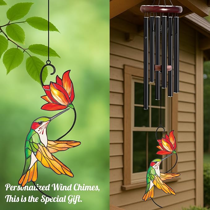 Personalized Metal Wind Chime Garden Sign, 40 Inch Outdoor Colorful Bird & Flower Memorial Decor, Yard Hanging Plaque for Patio Porch Lawn (JSTY382)