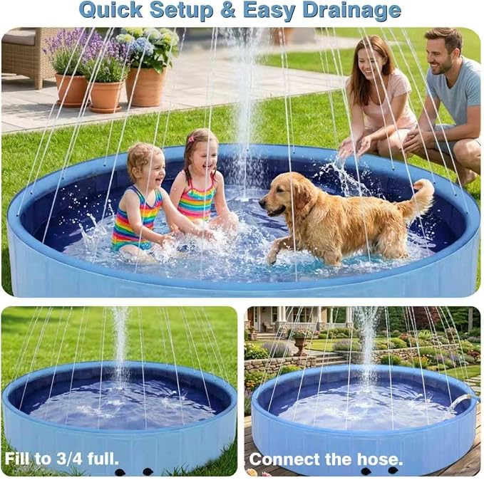 Eooqi Foldable Dog Pool with Sprinkler, Extra Large Thickened Splash Pool | 2-in-1 Outdoor Summer Water Play Toy, Non-Slip Hard-Side Kiddie Pool for Backyard Dogs, Kids & Pets (Blue, 87"-5XL)