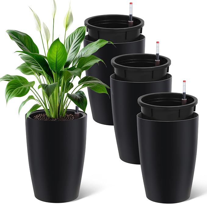 16" Tall Planter Set of 4, Self Watering Pots, Large Planter for Indoor Outdoor Plants, Built-in Drainage and a Water Level Monitor, Tall Planters for Patio, Porch, Living Room, Home Office, Black
