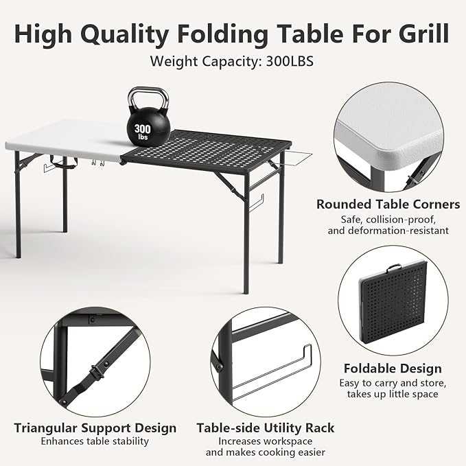 2 Pack 5ft Folding Table for Picnic Camping, Portable Outdoor Table with Metal Grid Grilling Surface, Heavy Duty Foldable Table for Cook Prep,Suitable for Camping, Backyard, Patio and Beach.