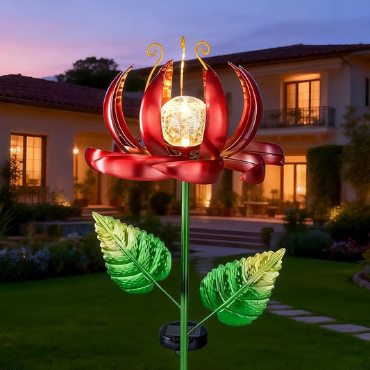 Solar Yard Lights Wind Spinners- Metal Lotus Flower Garden Decor LED Crackle Glass Globe Yard Art Sculpture Solar Stake Lights for Patio Pathway Lawn Walkway (Red-Large)