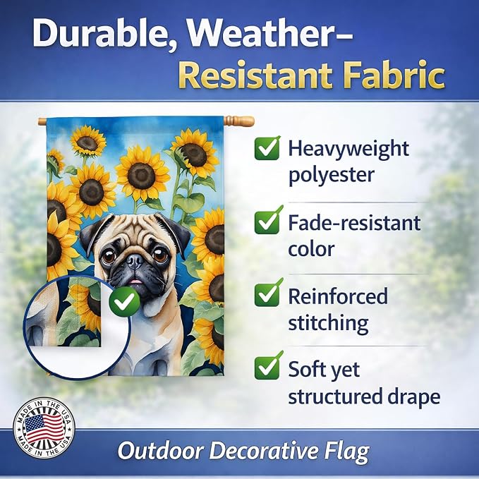 Caroline's Treasures DAC6145CHF Pug in Sunflowers House Flag Large Porch Sleeve Pole Decorative Outside Yard Banner Artwork Wall Hanging, Polyester, House Size, Multicolor