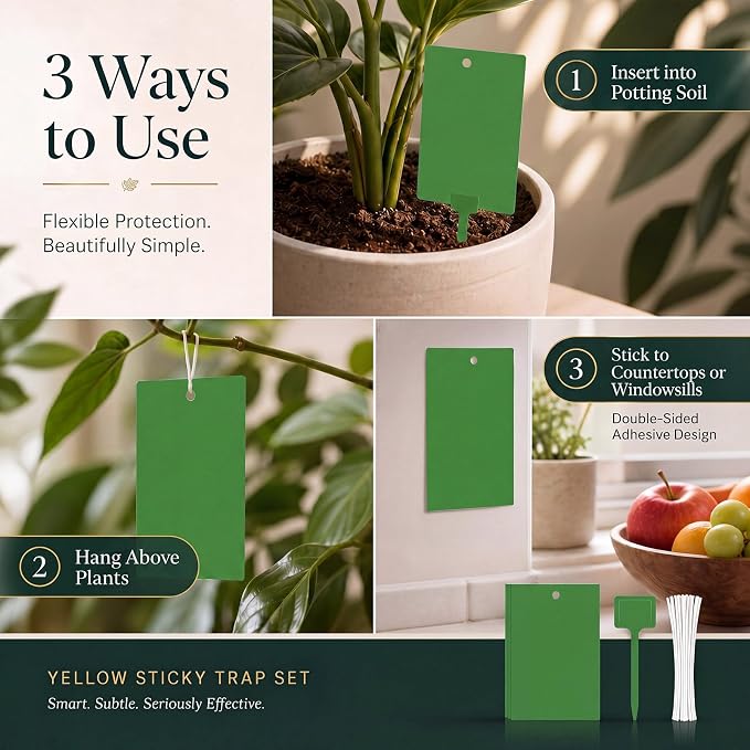 Qualirey 150 Pcs Green Sticky Traps for Gnats, 6 x 8 Inch Dual Sided Gnat Traps for Indoor Outdoor Plants, Fungus Gnat Sticky Cards for Fruit Flies Whiteflies Thrips, Twist Ties and Plastic Holders
