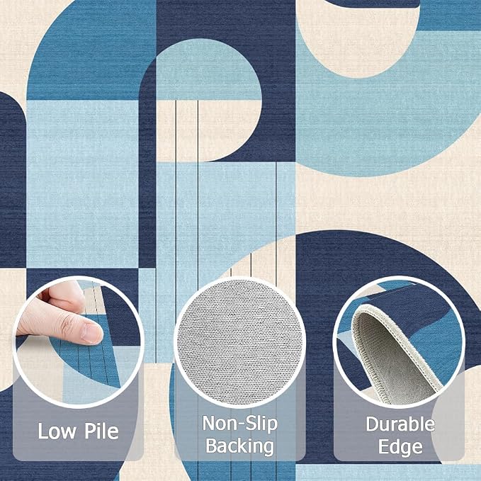 3x5 Blue and White Geometric Area Rug for Bedroom Entryway Hallway Abstract Modern Rug Machine Washable Non-Slip Carpet for Bathroom Kitchen Bedside Living Room