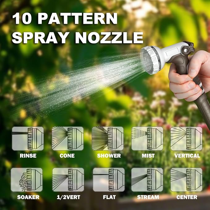 Retractable Garden Hose Reel, 1/2 in 120+6 ft, Heavy Duty Wall Mounted Water Hose Reel, Spring Power Automatic Rewind, Any Length Lock, 180° Swivel Bracket, 10 Pattern Spray Nozzle