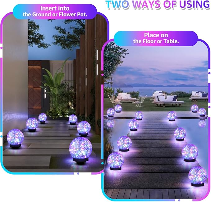 ASOMST 2-Pack Garden Solar Lights Outdoor, Colored Cracked Glass Ball Light Waterproof, Decorative Solar Powered Globe Lighting Multicolor for Yard