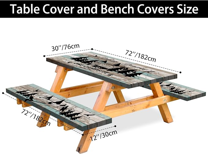 Picnic Table Cover with Bench Covers Camping Essentials Wood Texture Rectangle Fitted Tablecloth with Elastic Waterproof Outdoor Table Cloth for RV Picnic Travel (Teal, 72" x 30" (Rectangular))