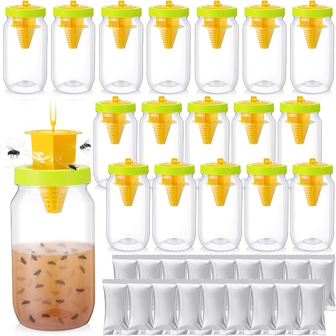 8 Pack Fly Traps Outdoor, Reusable Fly Catcher Bottles with Bait Hanging Flies Traps with Non-Toxic Dissolvable Bait Refills for Flying Insect Drain Patio Garden Yard Barn Outdoor