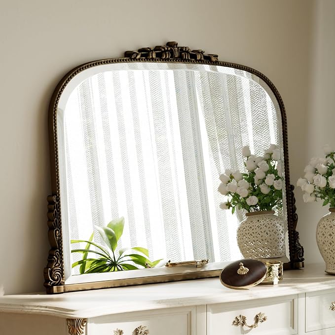 27"×36" Bronze Wide Arched Wall Mirror with Vintage Carving | Bathroom Vanity Makeup Mirror, as Wall Decor Hanging Leaning for Fireplace Mantle, Living Room, Bedroom, Vanity Area