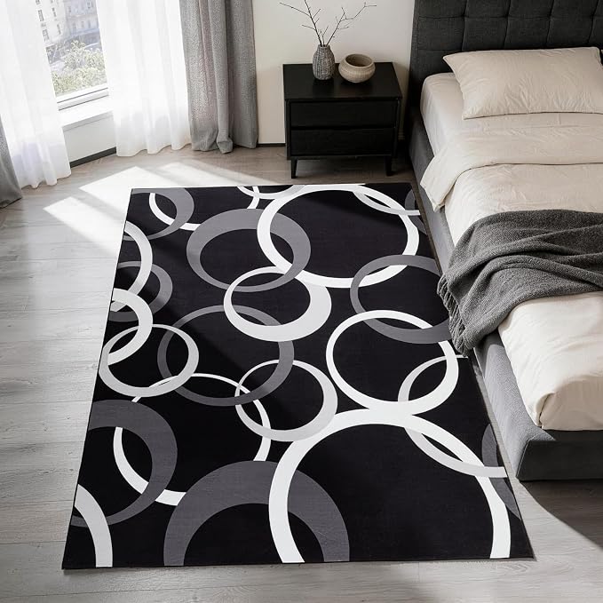 Washable 5x7 Area Rugs for Living Room, Modern Black and White Rug for Bedroom Non Slip Low Pile, Modern Circle Pattern Carpet for Dining Room Playroom Home Office Decor
