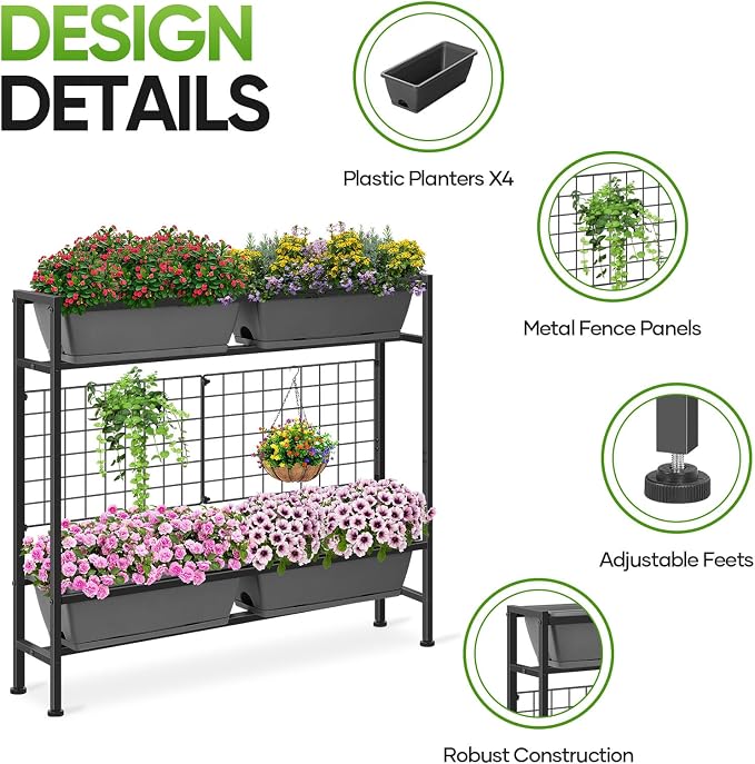 CADUKE Raised Planter Box, Plastic Raised Garden Bed with Legs, Standing Planter Box with Drainage Holes & Trellis, 32" Elevated Flower Beds Outdoor & Indoor for Vegetables, Balcony, Patio, Grey
