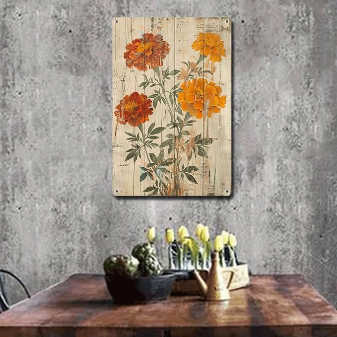 Metal Sign Tin Sign Vintage Wall Art Shabby Chic Marigolds Tin Sign for Rustic Joy Antique Garden Symbolism and Distressed Wood Panels Tin Sig for Room 6×8 Inches