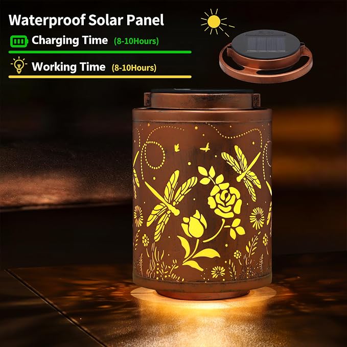 Solar Outdoor Lanterns, Dragonfly Garden Decor LED Light Hanging Waterproof Solar Lantern Birthday Gifts for Women Mon Grandma Sunflower Solar Lights Outdoor Decoration for Patio