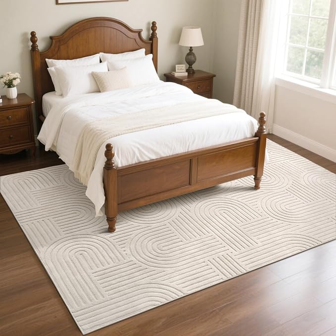 SHACOS Soft Cozy Fluffy Arch Pattern High Low Pile Area Rugs 5'x7' Non Slip Washable Scandinavian Minimalist Rug Modern Geometric Arc Carpet for Living Room Bedroom Dining Room, Beige