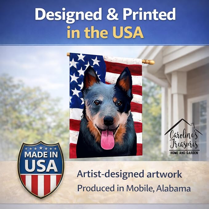 Caroline's Treasures CK6410CHF Australian Cattle Dog American Flag House Flag Large Porch Sleeve Pole Decorative Outside Yard Banner Artwork Wall Hanging, Polyester, House Size, Multicolor