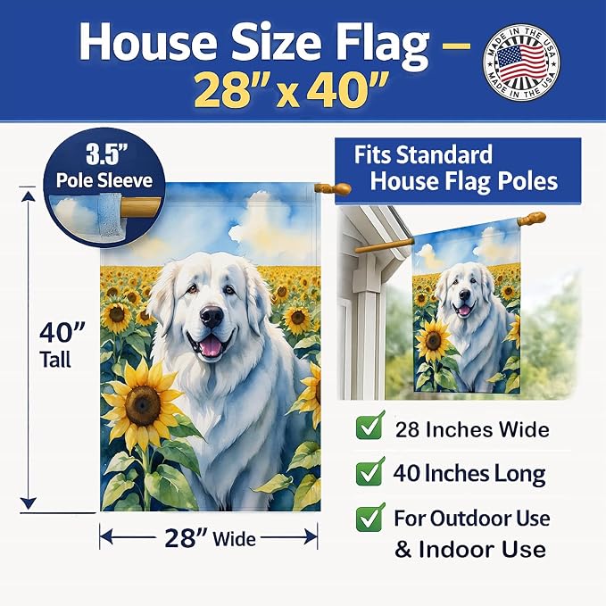 Caroline's Treasures DAC6093CHF Great Pyrenees in Sunflowers House Flag Large Porch Sleeve Pole Decorative Outside Yard Banner Artwork Wall Hanging, Polyester, House Size, Multicolor