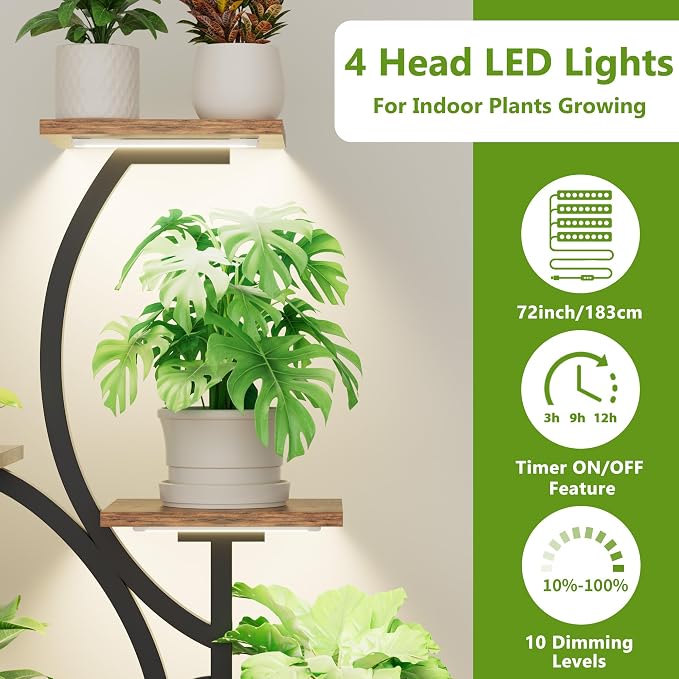 Plant Stand Indoor with Grow Light: Lighted Plant Stands 56.5" Tall, 9 Tiered Large Plant Shelf for Indoor Growing, S-Shaped Flower Holder Display for Multiple Plants, Living Room, Patio (Black)