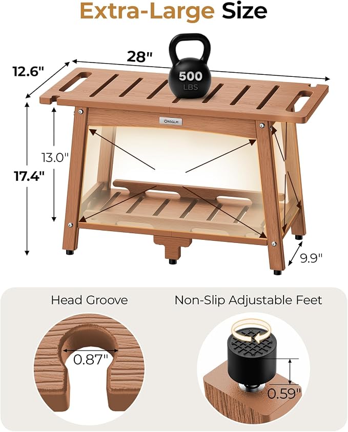 28" Extra Large Shower Bench, HDPE Waterproof Shower Chairs Seat, Adjustable and Non-Slip Feet, Shower Stool for Inside Shower to Sit On, Indoor/Outdoor Use, As Porch Bench, Garden Entryway, Teak