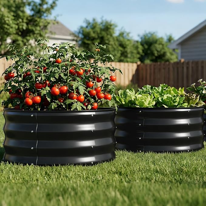 COMHOMA 2 Pack Round Raised Garden Bed 2x2x1ft,Galvanized Metal Planter Box Kit for Outdoor Gardening,Vegetable Flower Herb Growing Beds with Gloves Tools,Black