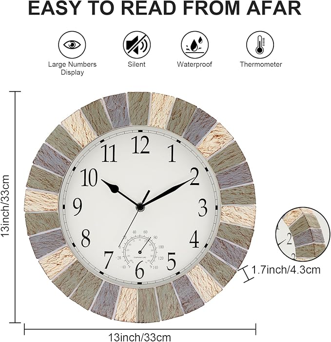 UMEXUS Outdoor Indoor Clock, 13 Inch Waterproof Wall Clocks with Thermometer，Silent Non-Ticking Battery Operated Decor for Patio, Garden, Porch, Pool, Living Room (Marble Gray)