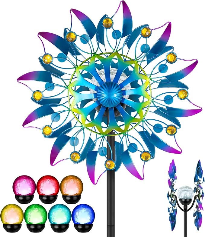 Solar Wind Spinner, Waterproof Outdoor Metal Wind Sculpture for Patio, Lawn & Garden Decor (Retro Muticolor)