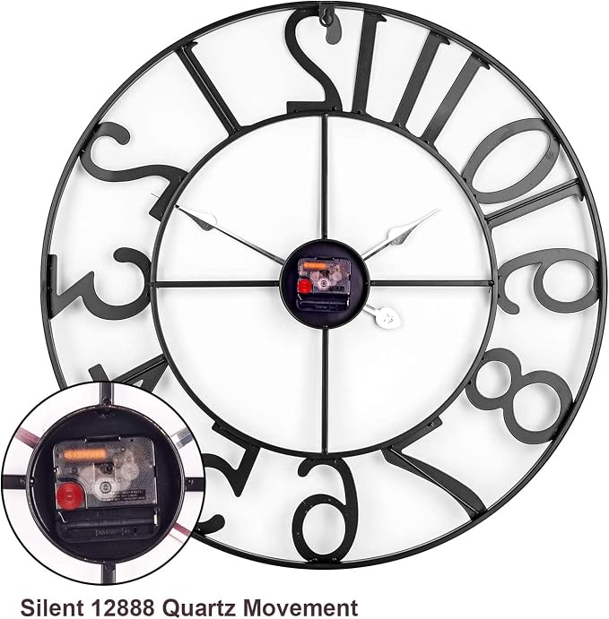 14 in Outdoor Clock–Retro Black Metal Outdoor Wall Clock for Patio, Garden & Pool Area–Vintage Industrial Skeleton Outdoor Clock–Weatherproof Decorative Yard & Porch Clock–Large Round Patio Wall Decor