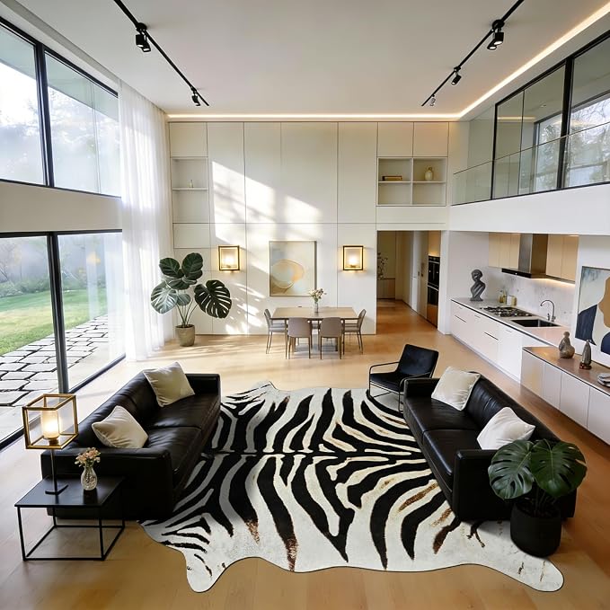 BENRON Zebra Rug, Animal Print Rug for Living Room Bedroom 6.2x7ft | Western Faux Zebra Print Rug, Animal Skin Carpets, Non-Slip Throw Rug for Home Decor, Black and Brown, Ivory
