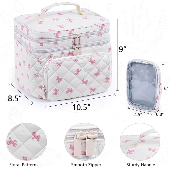 AMOIGEE Double-Layer Sewing Organizer Storage Bag with 2 Detachable Pouches, Large Quilted Sewing Basket for Supplies & Tools, Portable Travel Sewing Kit Case, Gift for Mom(Bag ONLY)