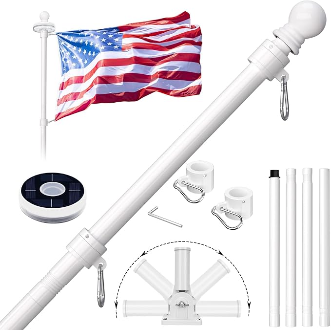 ZMTECH 5FT Flag Pole for Outside House with Solar Light, Tangle Free Stainless Steel Flag Pole Kit, 180° Adjustable Flag Pole Holder & Flag Holder Bracket, White (No Flag)