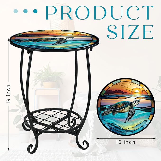 Cinnvoice Outdoor Side Table Round Small Mosaic Patio Accent Indoor End Plant Coffee Tea Table for Yard Patio Porch Garden Living Room, Bedroom(Turtle Style,16 Inch)