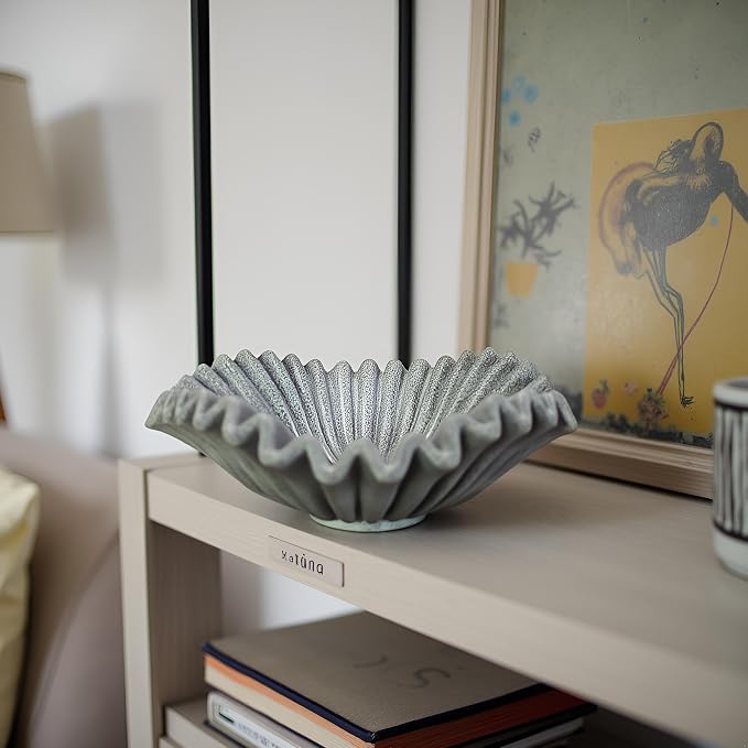 Large Decorative Handmade Bowl Decor , Modern Home Decoration, Fan Shaped Bowl, Ruffle Decor, Stylish Key Bowl for Entry Table, Decorative Fruit Bowl for Kitchen Counter, Artificial Stone Marble Color