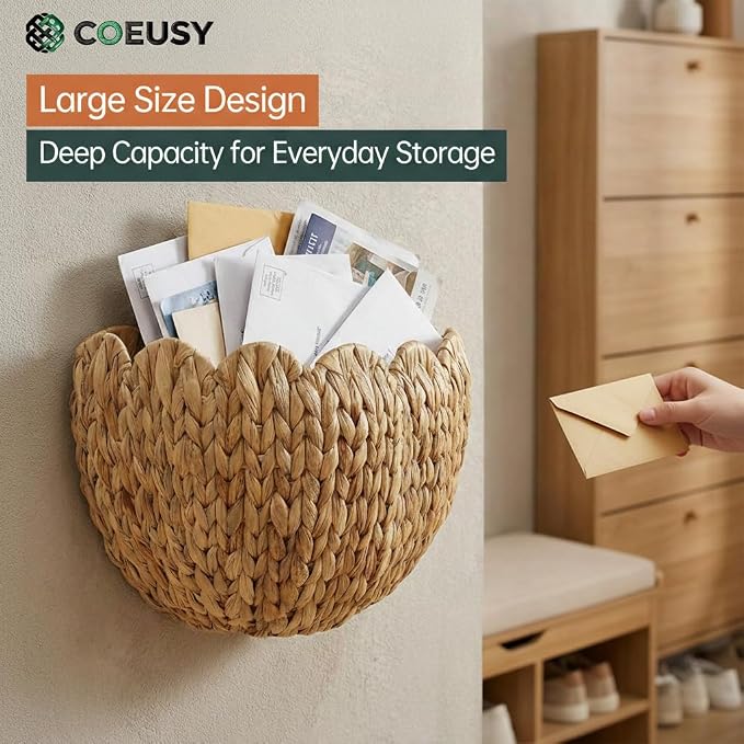 Coeusy Wicker Wall Basket, Boho Scalloped Wall Basket,Large Wall Hanging Baskets for Nursery,Door,Plants,Mail,Natural Water Hyacinth