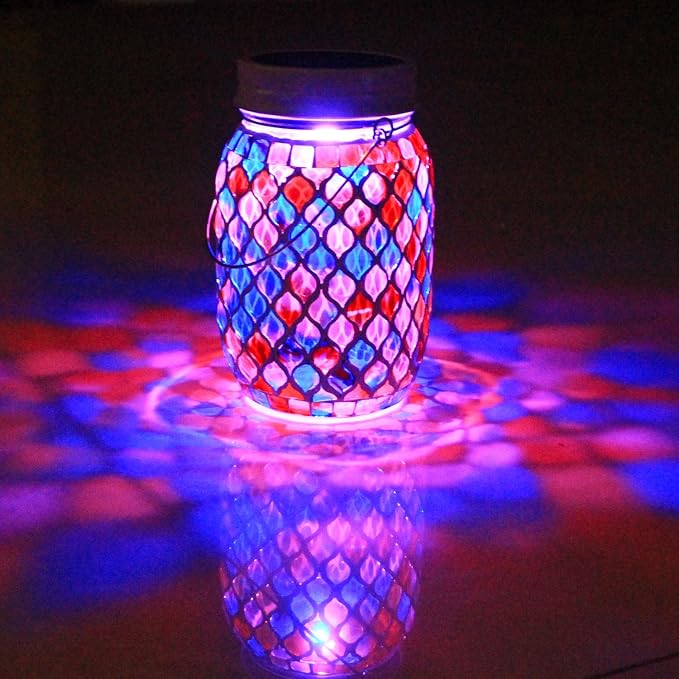 Solar Mosaic Outdoor Lanterns - 12 Color Changing LED, 4 Lighting Modes with Remote Control, Handcrafted Glass Decor Lights, Hanging or Tabletop Decor for Garden (red)