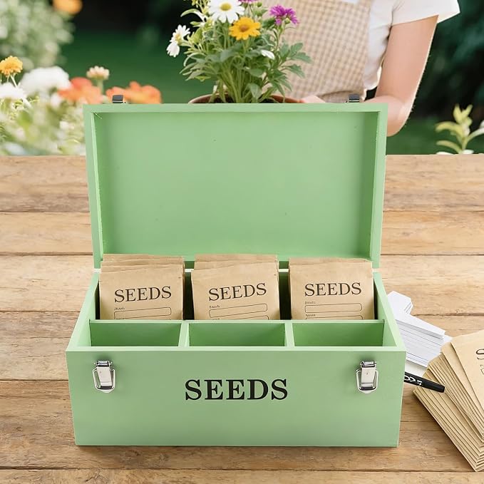 Seed Storage Organizer with 2 Dividers,Wooden Seed Saving Box with Lid, Seeds Bin Storage Container Kit with 2 Pens,12 Slots and 50 Seeds Envelopes, Perfect for Flower Plants Garden
