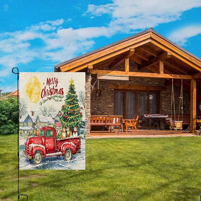 EMMTEEY Truck Garden Flag Red Truck with Christmas Tree House Burlap Garden Flags 12.5X18 Small Christmas Flag Double Sided Winter Garden Flags for Outside Outdoor Garden Flags for Winter Decoration