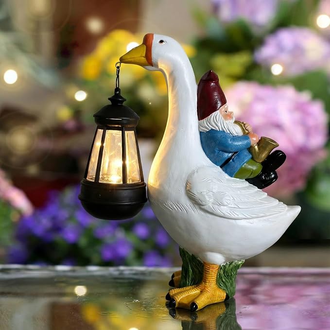Goose Figurine with Solar Lantern Goose Lamp Decor Gnome Garden Statue Outside Outdoor Yard Housewarming Gifts for Mom Women Grandma