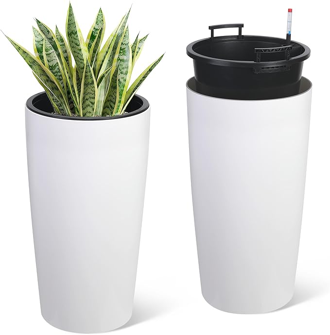 Garvee Tall Planters for Outdoor Plants, 30 in Large Planters Set of 2, Outdoor & Indoor Planters with Water Level Monitor ＆ Inner Bucket, Automatic Watering, for Porch, Patio, Backyard, White