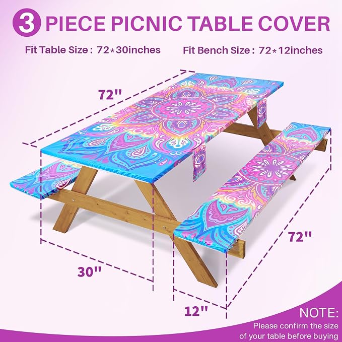 Jobunai 3 Piece Picnic Table Cover with Bench Covers 72x30In Fitted Elastic Heavy Duty Camping Table Cloths Camp Motorhome Gear Garden Festival Stuff Road Trip Outdoors Must Haves Gifts for Mom Dad