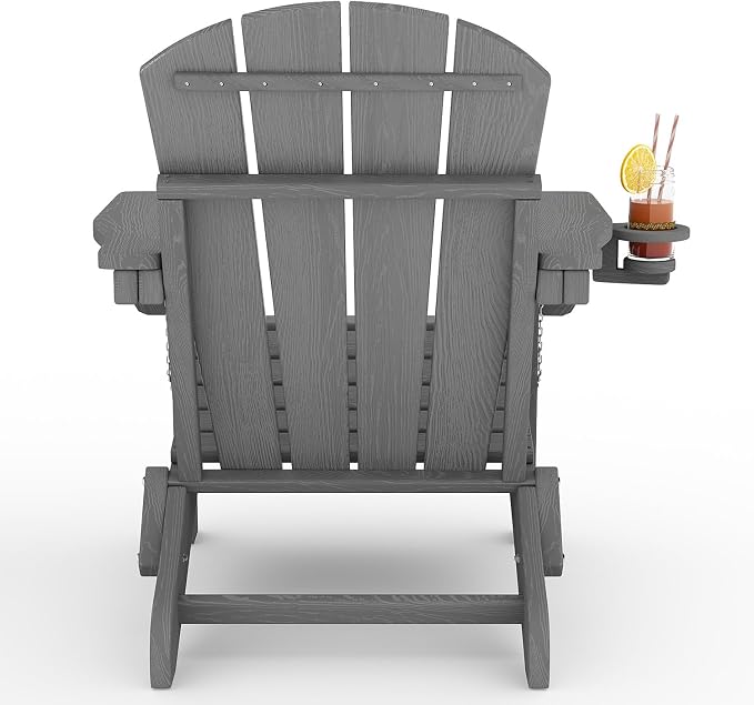 GarveeLife Folding Adirondack Chair Set of 2 with Side Table, All-Weather HDPE Outdoor Chair, Wooden Textured with Cup Holder for patios, Decks, Gardens, fire pits, Grey