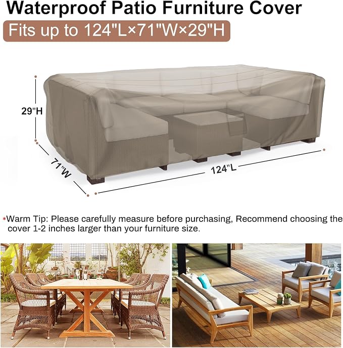 Mrrihand Heavy Duty Patio Furniture Covers, Outdoor Furniture Covers Waterproof Sectional Sofa Set, Patio Table and Chair Set Cover 124" L×71" W×29" H,Brown